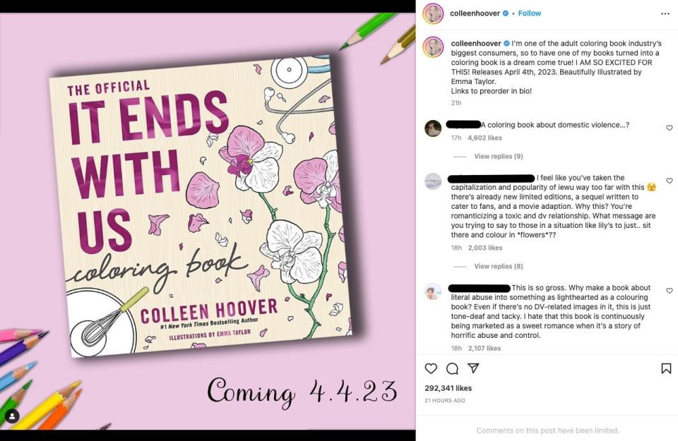 A screenshot of Colleen Hoover's Instagram post.