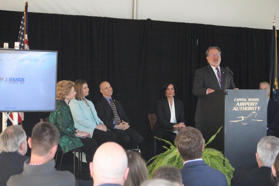 U.S. Sen. Gary Peters speaks at The Capital Region International Airport on April 11, 2023. He was joined by U.S. Sen. Debbie Stabenow, U.S. Rep. Elissa Slotkin, Lansing Mayor Andy Schor and Capital Region Airport Authority President and CEO Nicole Noll-Williams.