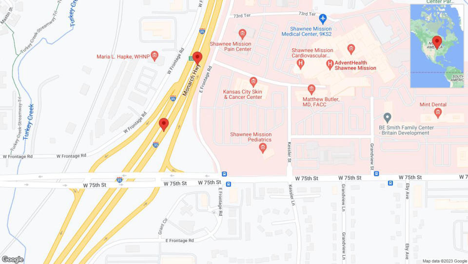 A detailed map that shows the affected road due to 'Broken down vehicle on eastbound I-35 in Merriam' on December 27th at 11:55 p.m.