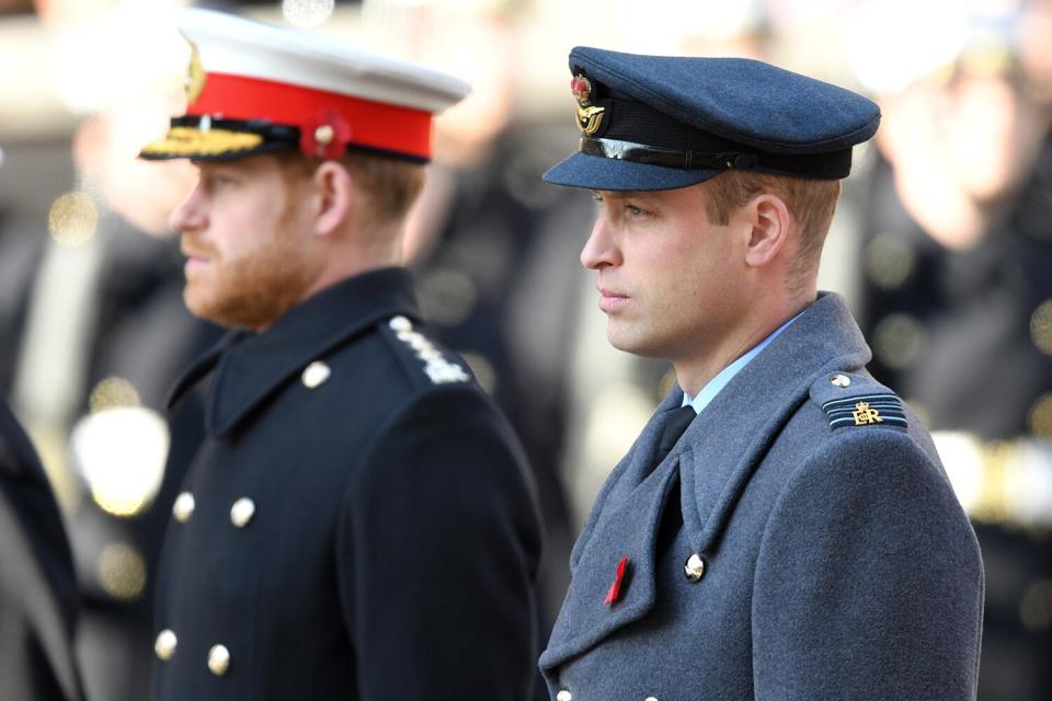 Prince Harry, Duke of Sussex and Prince William, Duke of Cambridge attend the annual Remembrance Sunday memorial at The Cenotaph on November 10, 2019 in London, England.
