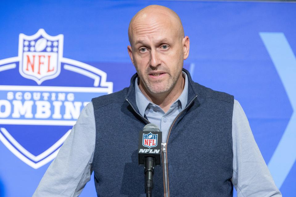 Arizona Cardinals general manager Monti Ossenfort speaks to the press at the NFL Combine at Lucas Oil Stadium in Indianapolis on Feb. 28, 2023.