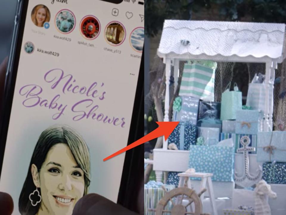 post about nicole's baby shower on natalies phone and a pile of presents at the baby shower in look both ways