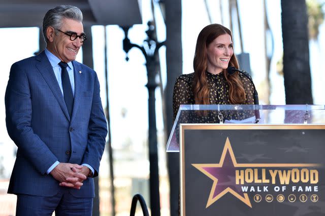 <p>Alberto E. Rodriguez/Getty Images</p> Sarah Levy speaking at dad Eugene Levy's Hollywood Walk of Fame ceremony