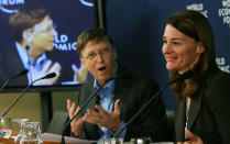 <p>Bill jokes with Melinda while speaking at the World Economic Forum in Davos, Switzerland on Jan. 26, 2007. </p>