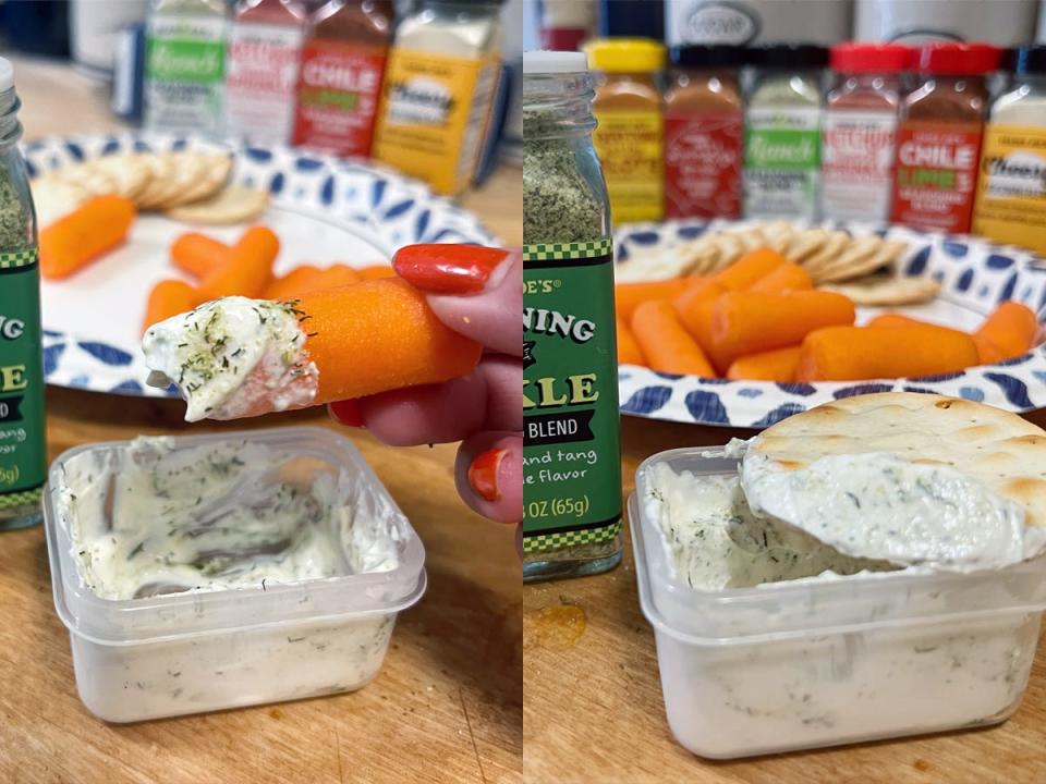 Trader Joe's Seasoning in a Pickle Seasoning Blend on a cracker and carrot. 