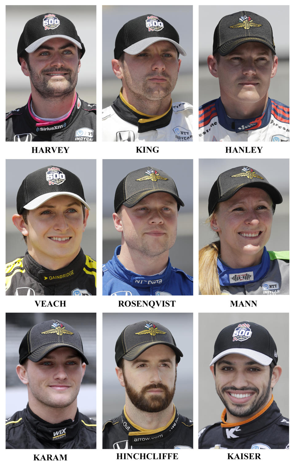 Drivers in the starting field for the May 26 Indianapolis 500 IndyCar auto race are shown after they qualified at the Indianapolis Motor Speedway in Indianapolis, Saturday, May 18, 2019. Ninth row: Jack Harvey, of England, Jordan King, of England, and Ben Hanley. Tenth row: Zach Veach, Felix Rosenqvist, of Sweden, and Pippa Mann, of England. Eleventh row: Sage Karam, James Hinchcliffe, of Canada, and Kyle Kaiser. (AP Photo/Dave Parker)