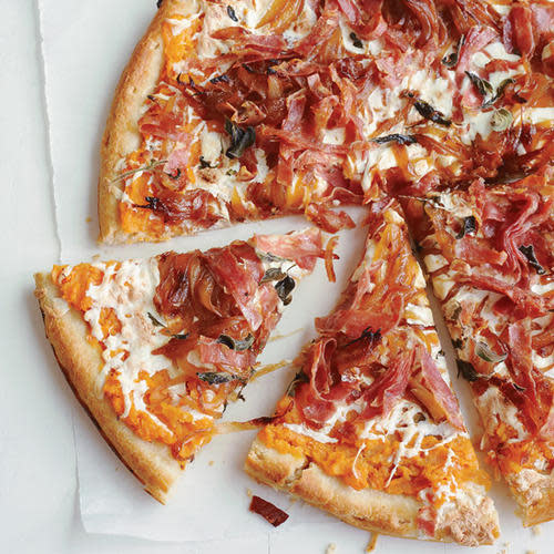 Sweet Potato, Balsamic Onion and Soppressata Pizza This pizza is topped with creamy mashed sweet potatoes instead of tomato sauce. Get the Sweet Potato, Balsamic Onion and Soppressata Pizza recipe. Photo: © David Malosh
