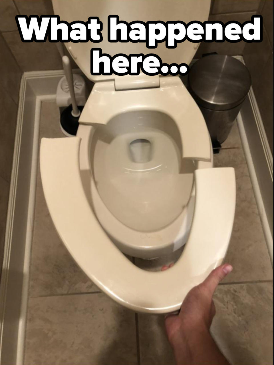 A toilet seat broken in half