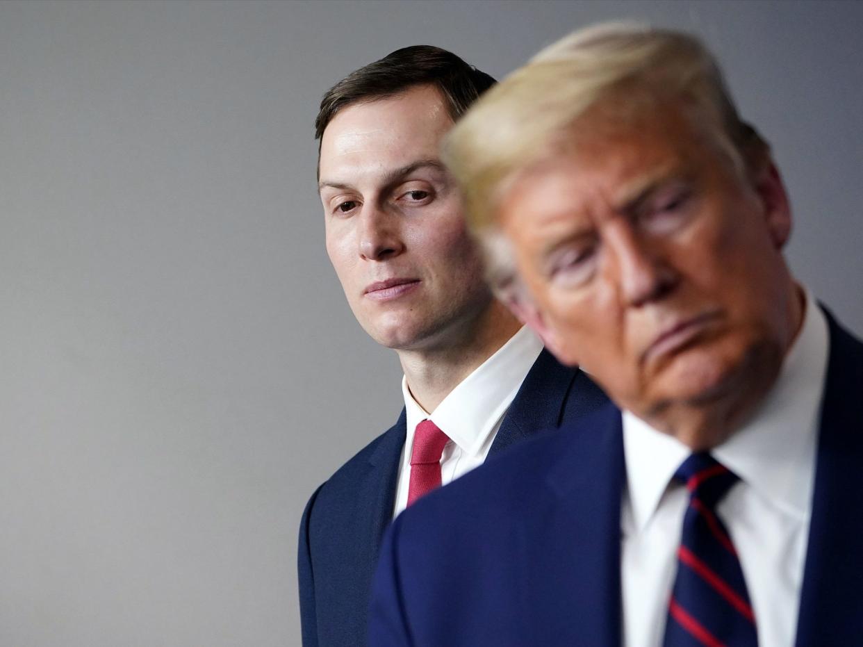 trump kushner US President Donald Trump speaks, flanked by Senior Advisor to the President Jared Kushner (L), during the daily briefing on the novel coronavirus, COVID-19, in the Brady Briefing Room at the White House on April 2, 2020, in Washington, DC. (Photo by MANDEL NGAN / AFP) (Photo by MANDEL NGAN/AFP via Getty Images)