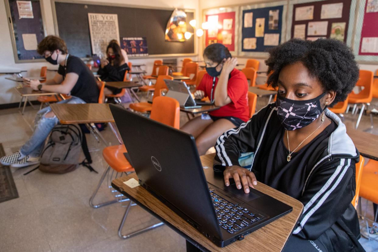 Briana Johnson works on course work on the last day of classes at  duPont Manual. May 25, 2021