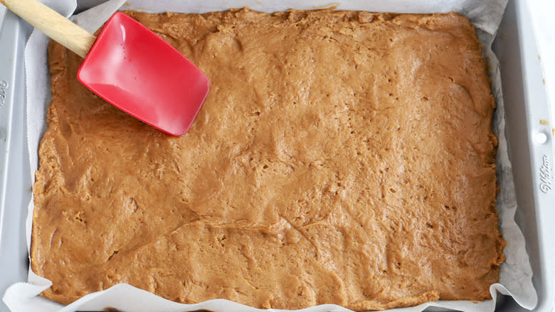 gingerbread cookie batter in pan