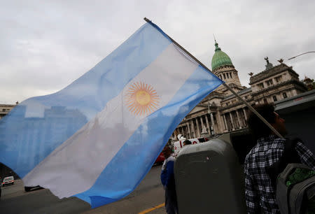 A man waves an Argentine national flag during a protest against a cost increase in public and utility services in Buenos Aires, Argentina, January 10, 2019. REUTERS/Marcos Brindicci