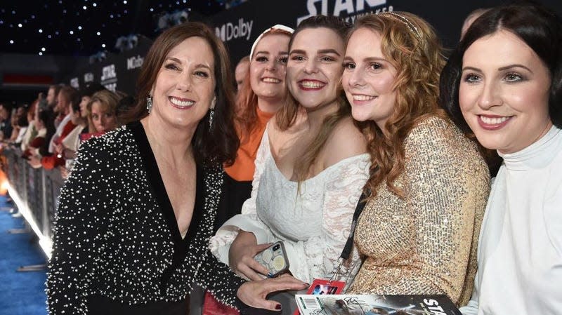 Lucasfilm president Kathleen Kennedy with Star Wars fans at the premiere of The Rise of Skywalker.