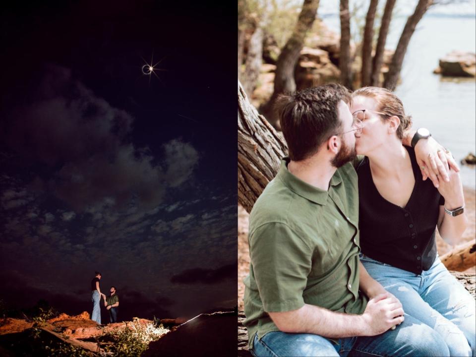A side-by-side of a couple getting engaged during an eclipse and the same couple kissing.