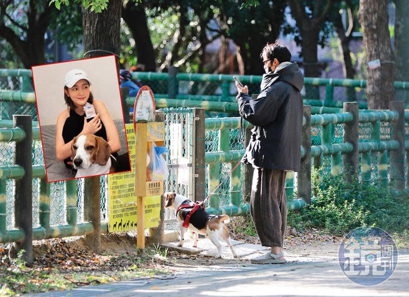 2/16 16：17 曹佑寧從王淨家出門，牽著「勘吉」前往運動公園放風，還幫忙捕捉可愛毛小孩畫面。