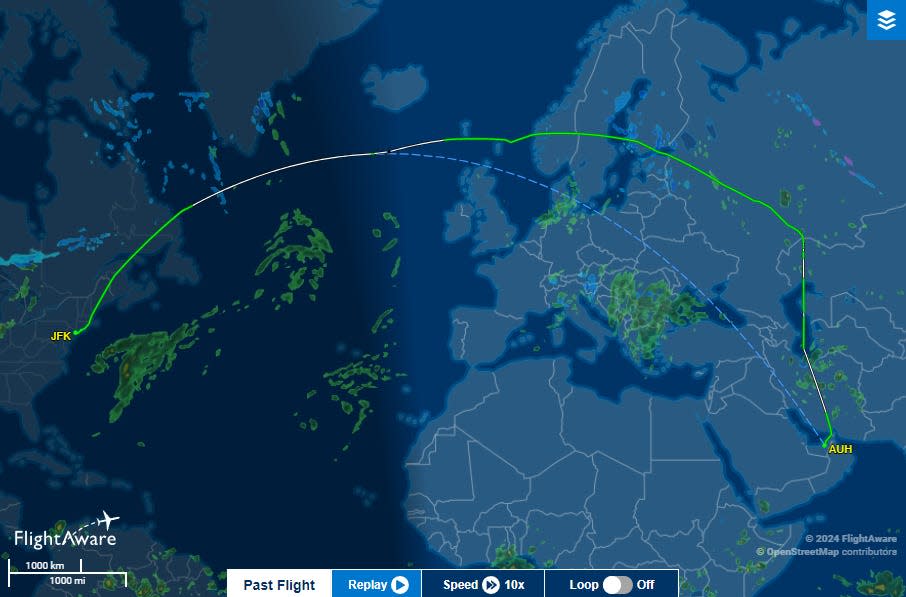 Etihad Airways A380 flight path from Abu Dhabi to New York.