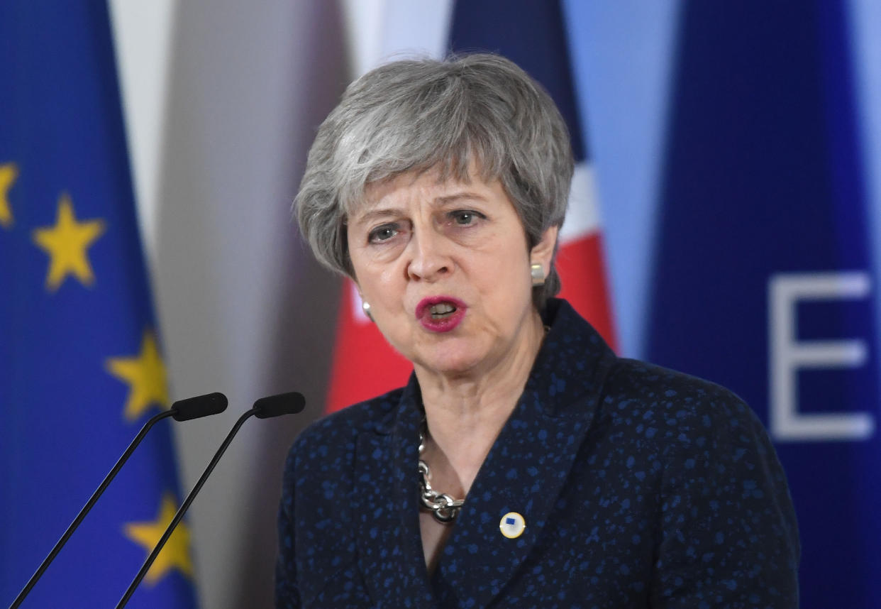 Prime Minister Theresa May giving a statement about Brexit at the European Leaders’ summit in Brussels yesterday (PA)