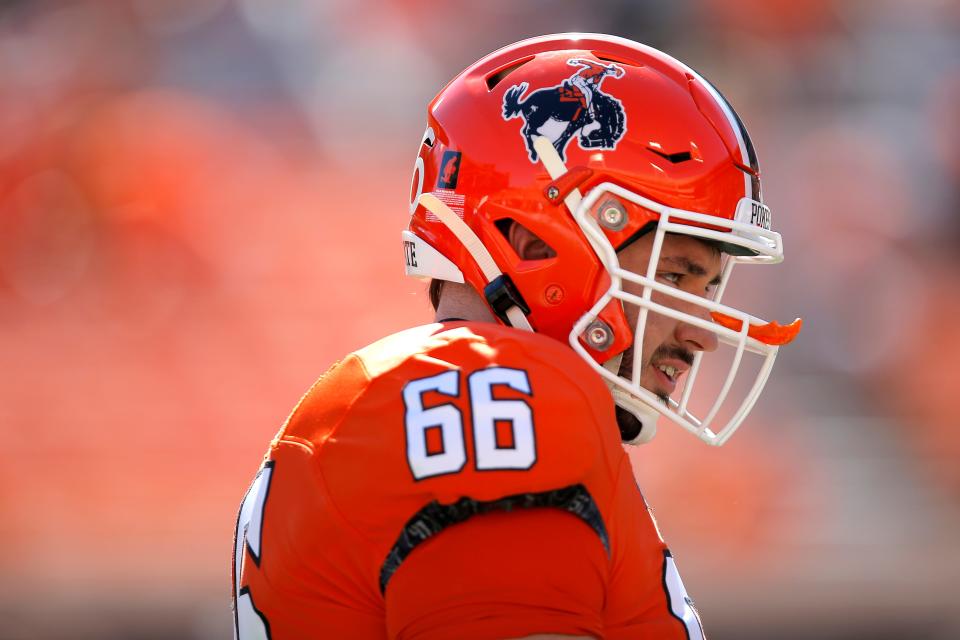 OSU offensive lineman Joe Michalski (66) before a college football game between the Oklahoma State Cowboys (OSU) and the University of Texas Longhorns at Boone Pickens Stadium in Stillwater, Okla., Saturday, Oct. 22, 2022. Oklahoma State won 41-34.