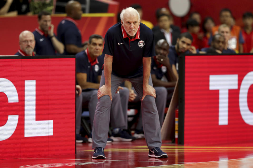 United States' coach Gregg Popovich looks on during a quarterfinal match against France for the FIBA Basketball World Cup in Dongguan in southern China's Guangdong province on Wednesday, Sept. 11, 2019. France defeated United States 89-79. (AP Photo/Ng Han Guan)