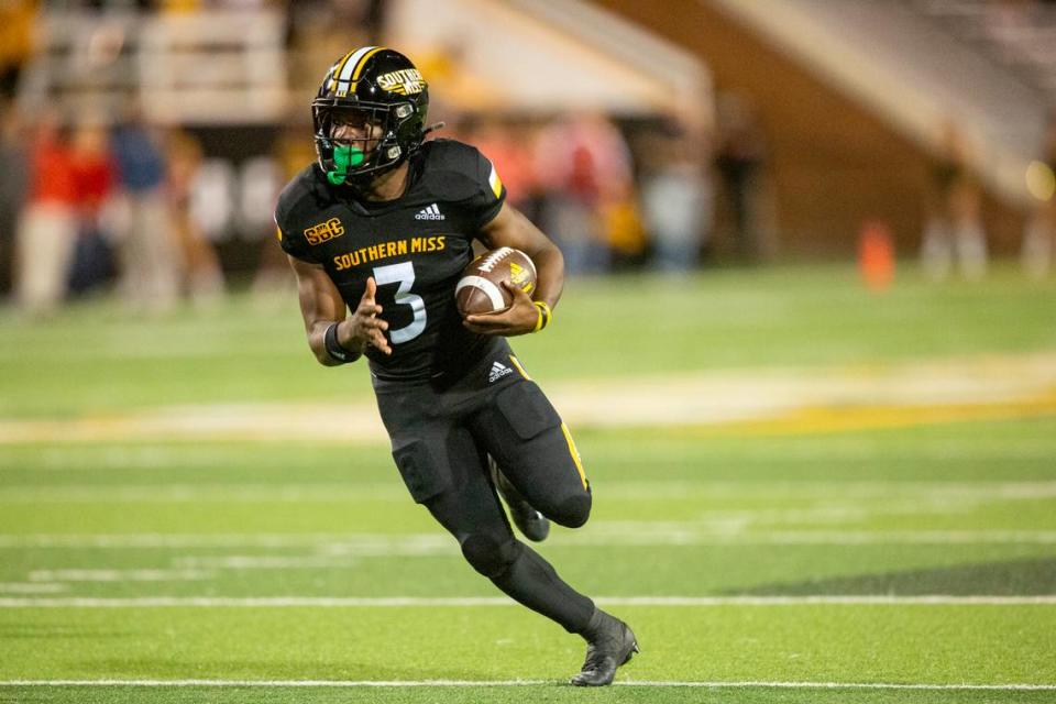 Southern Mississippi running back Frank Gore Jr. (3) runs the ball during the second half of an NCAA college football game in Hattiesburg, Miss., Thursday, Oct. 27, 2022. (Hannah Ruhoff/The Sun Herald via AP)