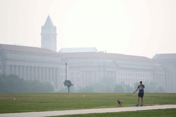 PHOTO: A man walks his dog as wildfire smoke casts a haze over the National Mall on June 29, 2023 in Washington, DC. (Drew Angerer/Getty Images)