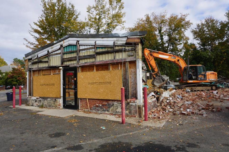 Demolition of the former Papa John’s Pizzeria building at 106 Watts Street in Durham this October.