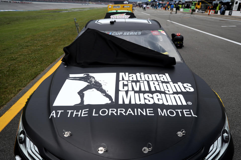 TALLADEGA, ALABAMA - JUNE 21: The #11 Drive for Change Toyota, driven by Denny Hamlin(not pictured), waits on the grid prior to the NASCAR Cup Series GEICO 500at Talladega Superspeedway on June 21, 2020 in Talladega, Alabama. (Photo by Chris Graythen/Getty Images)