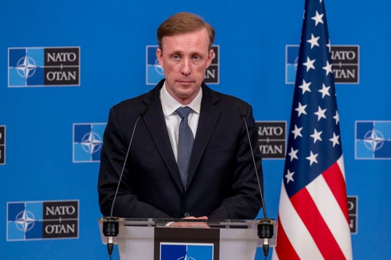 US National Security Adviser Jake Sullivan holds a press conference NATO Secretary General Stoltenberg at the North Atlantic Treaty Organization (NATO) headquarters. -/NATO/dpa