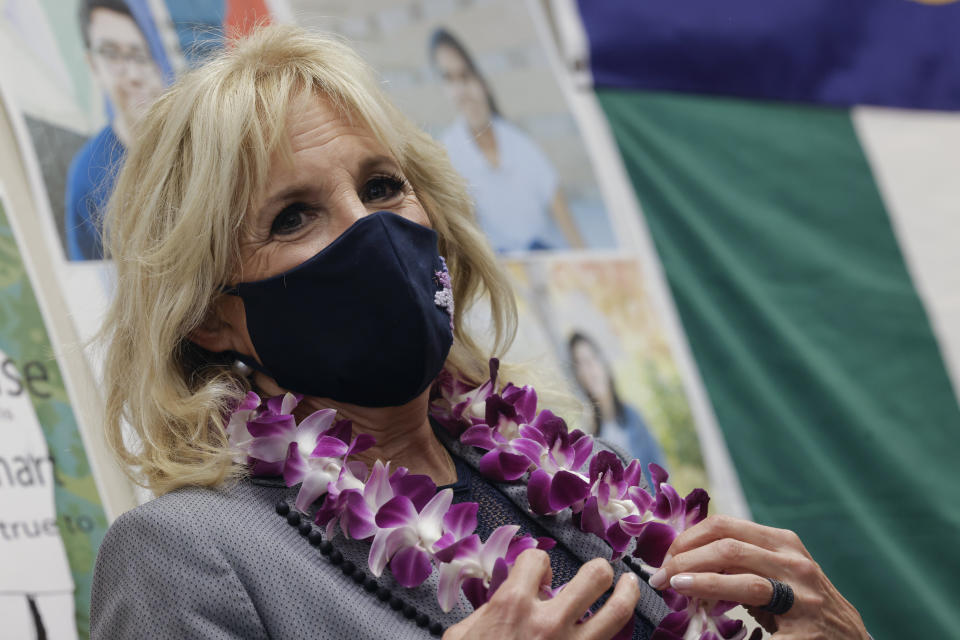 First lady Jill Biden visits a classroom at Glendale Middle School on Wednesday, May 5, 2021, in Salt Lake City. (Carlos Barria/Pool via AP)
