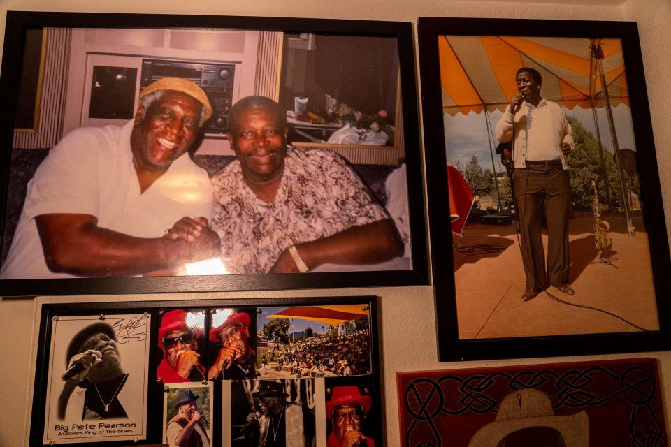 A photograph of Big Pete Pearson, top left, with B.B. King, center, is displayed inside Pearson's home in Litchfield Park on March 17, 2023.