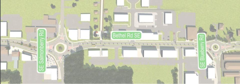 A Bethel corridor road improvement plan proposed by the city of Port Orchard includes sidewalks, a bioretention swale, curb and gutter, bike lane, one travel lane in each direction, and a raised center median.