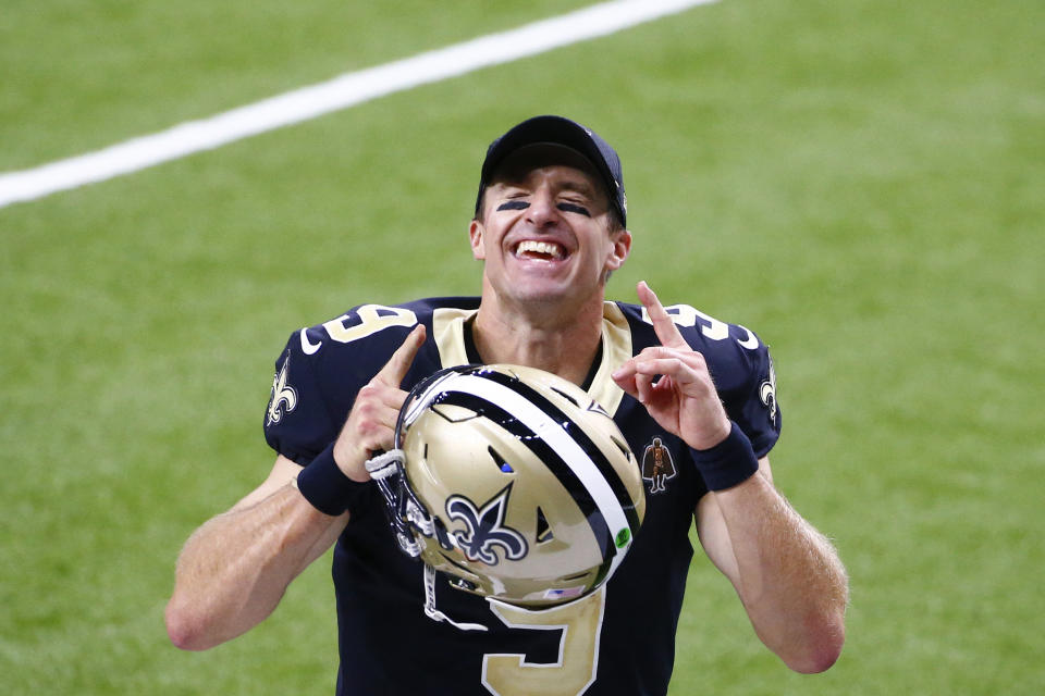 New Orleans Saints quarterback Drew Brees (9) reacts after an NFL football game against the Tampa Bay Buccaneers in New Orleans, Sunday, Sept. 13, 2020. The Saints won 34-23. (AP Photo/Butch Dill)