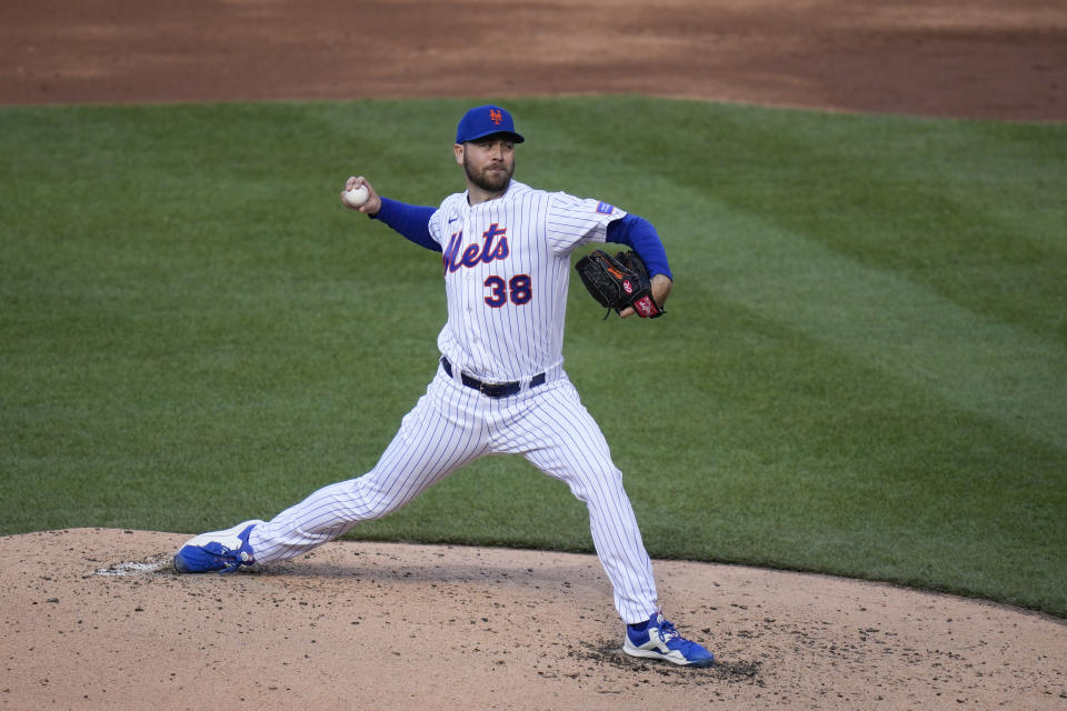 New York Mets starting pitcher Tylor Megill throws during the third inning of the second baseball game of a doubleheader against the Atlanta Braves at Citi Field, Monday, May 1, 2023, in New York. (AP Photo/Seth Wenig)