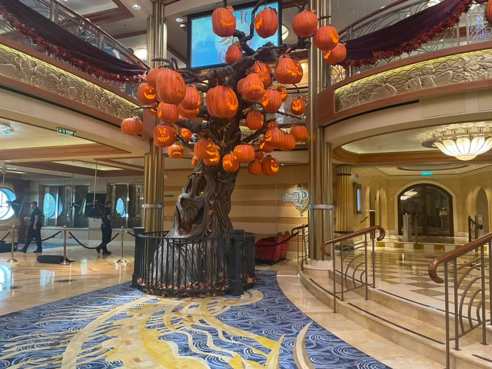 Disney Halloween on the High Seas Cruise - pumpkin tree in lobby area