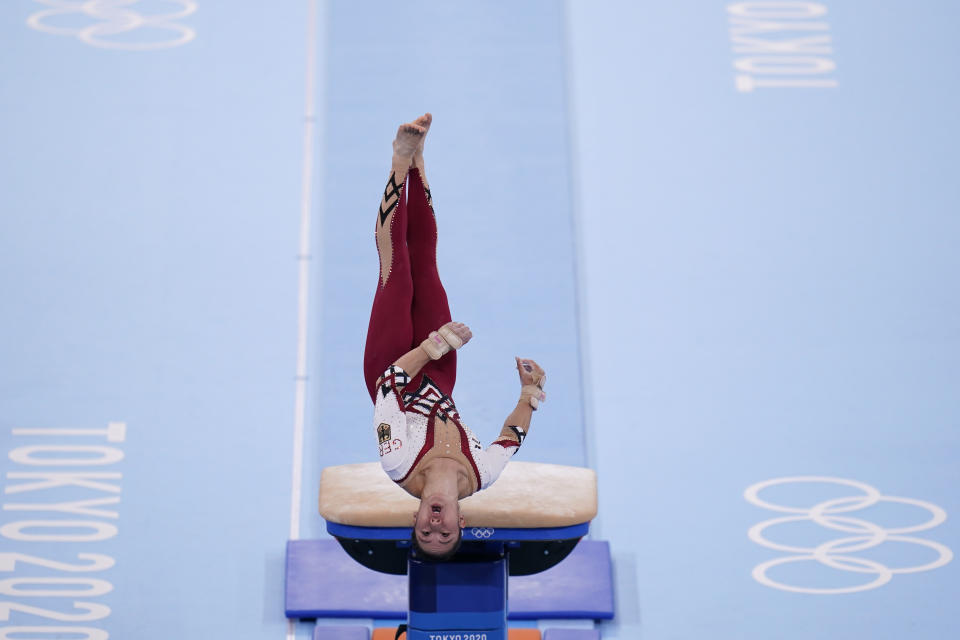 Kim Bui, of Germany, performs on the vault during the women's artistic gymnastic qualifications at the 2020 Summer Olympics, Sunday, July 25, 2021, in Tokyo. (AP Photo/Gregory Bull)