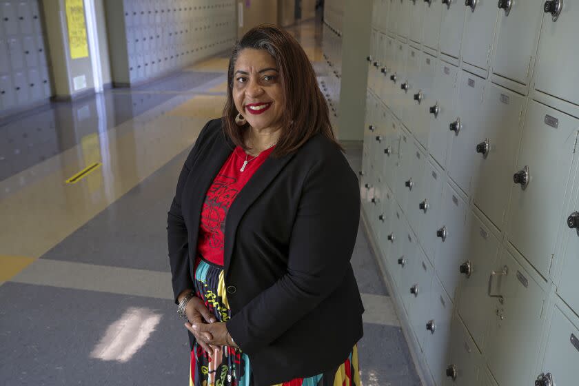 Panorama City, CA - March 10: UTLA President Cecily Myart-Cruz at Panorama High School on Wednesday, March 10, 2021 in Panorama City, CA.(Irfan Khan / Los Angeles Times)