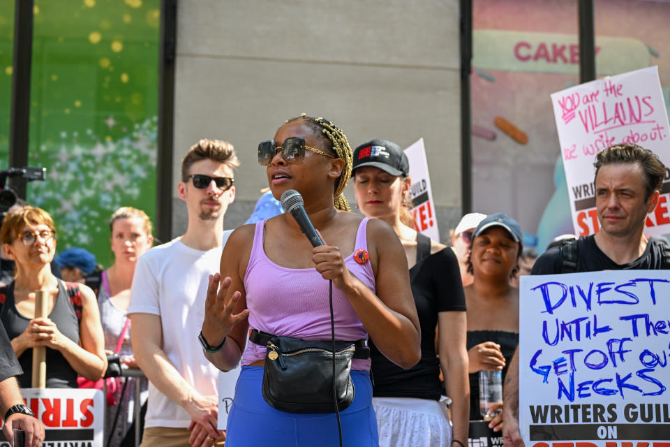 Phoebe Robinson speaks as Writers Guild of America East picket line