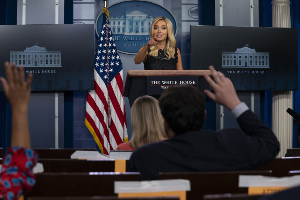 White House press secretary Kayleigh McEnany speaks during a press briefing at the White House, Wednesday, July 8, 2020, in Washington. (AP Photo/Evan Vucci)