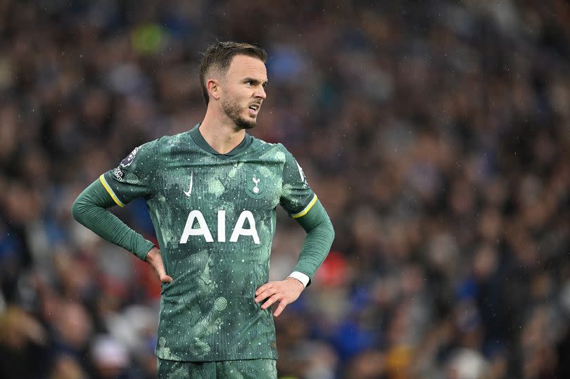 James Maddison of Tottenham Hotspur looks on during the Premier League match between Brighton & Hove Albion FC and Tottenham Hotspur FC at Amex Stadium on October 06, 2024 in Brighton, England.