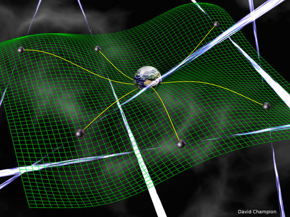 An artist's illustration showing how a network of pulsars could be used to search for the ripples in space-time predicted by Einstein. The newly funded NANOGrav Physics Frontiers Center will use this approach.