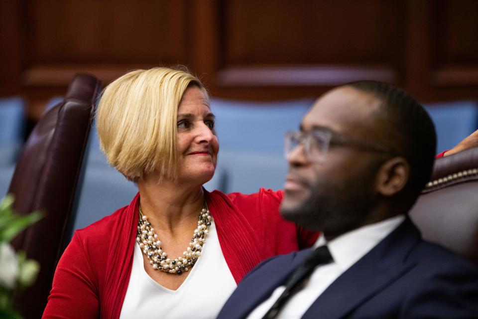 Former Sen. Loranne Ausley sits with Sen. Shevrin Jones during opening day of the 2023 Florida Legislative Session, Tuesday, March 7, 2023. 