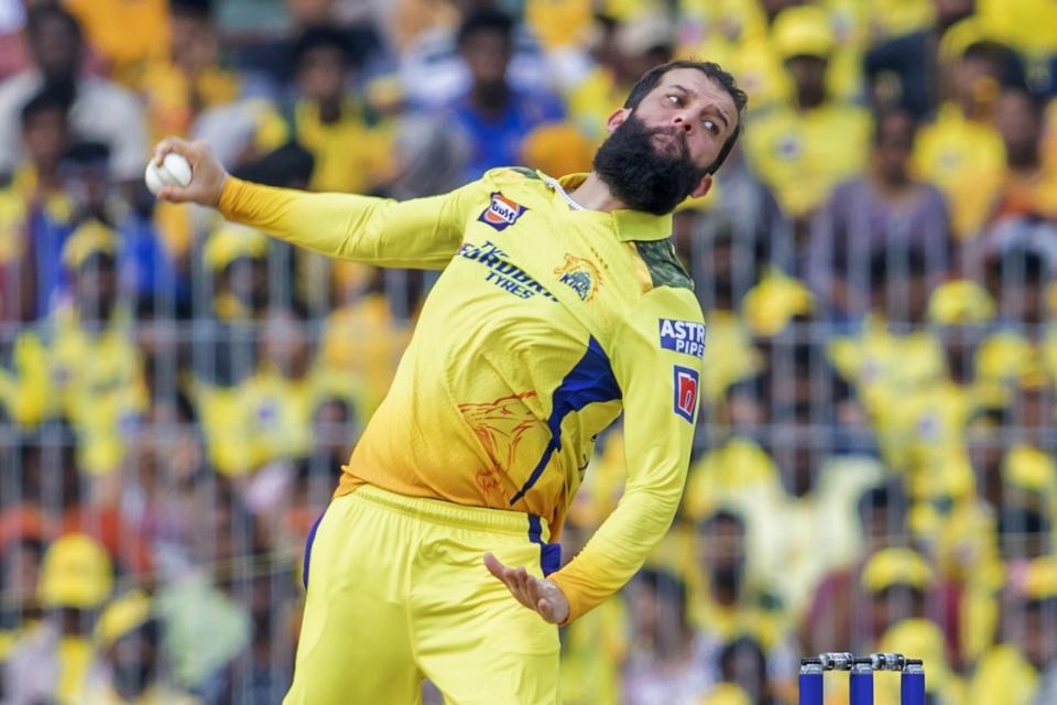 FILE - Chennai Super Kings' Moeen Ali delivers a ball during the Indian Premier League cricket match between Chennai Super Kings and Mumbai Indian in Chennai, India, on May 6, 2023. Moeen Ali came out of retirement Wednesday June 7, 2023 and took the place of injured spinner Jack Leach in England's squad for the Ashes series against Australia starting next week. (AP Photo/R. Parthibhan, File)