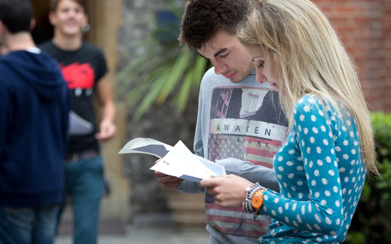 Students picking up their A-level results in 2019 at Brighton College in Sussex