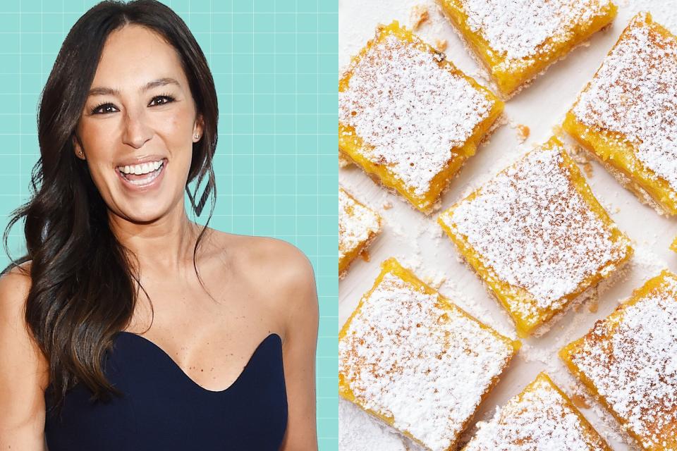 A portrait of Joanna Gaines next to a photograph of Lemon Bars covered in powdered sugar