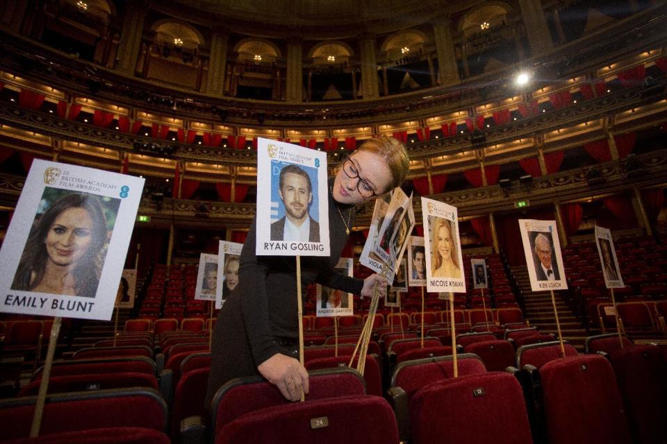 BAFTA staff lay out heads-on-sticks marking the seating plan at the Royal Albert Hall in London, Thursday, Feb. 9, 2017, ahead of the EE British Academy Film Awards on Sunday Feb. 12. (Photo by Joel Ryan/Invision/AP)