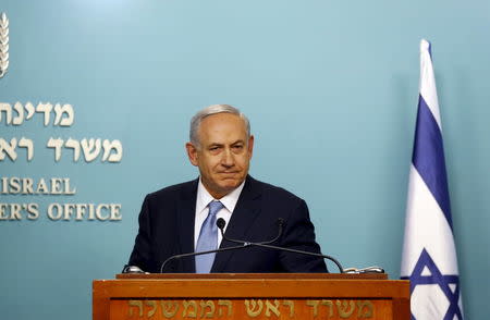 Israel's Prime Minister Benjamin Netanyahu speaks during a news conference at his office in Jerusalem December 7, 2015. REUTERS/Ronen Zvulun