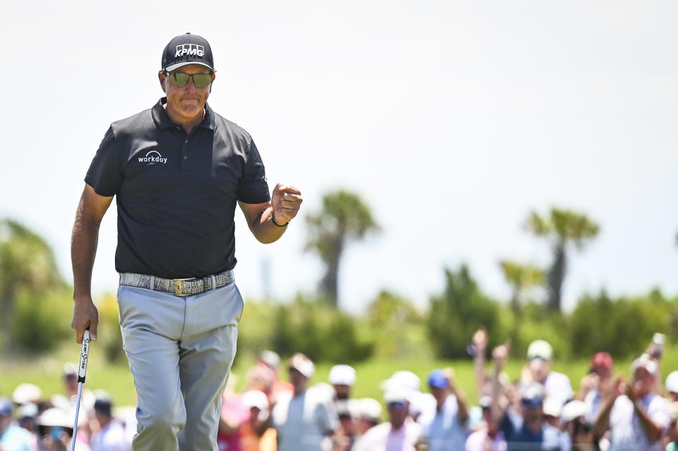 Phil Mickelson smiles and celebrates with a fist pump after making a birdie putt on the ninth hole during the second round of the PGA Championship on The Ocean Course at Kiawah Island Golf Resort in Kiawah Island, South Carolina. (Photo by Keyur Khamar/PGA TOUR via Getty Images)