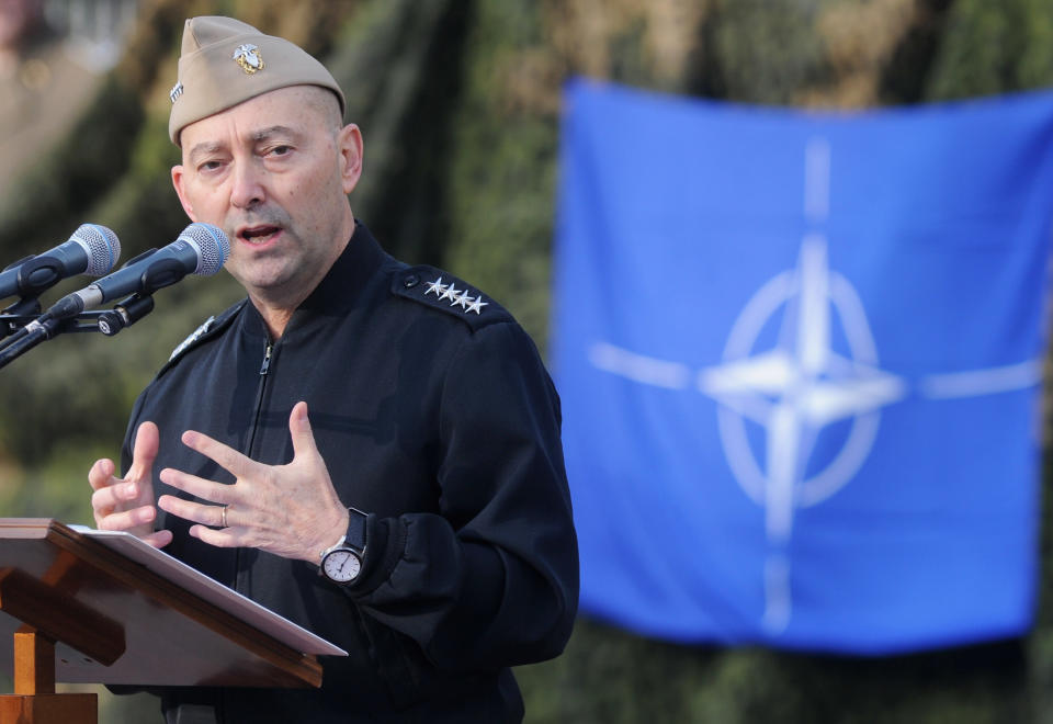 SOLBIATE OLONA, ITALY - JANUARY 10:  Supreme Allied Commander Europe (SACEUR) Admiral James Stavridis makes a speech at the departure ceremony for OTAN Rapid Deployable Corps - Italy bound for Afghanistan at Ugo Mara Barracks on January 10, 2013 in Solbiate Olona, Italy. NRDC - ITA is one of the Alliance's seven Rapid Deployable Corps Headquarters, and is one of the two high profile NATO organisations based in Italy  (Photo by Pier Marco Tacca/Getty Images)