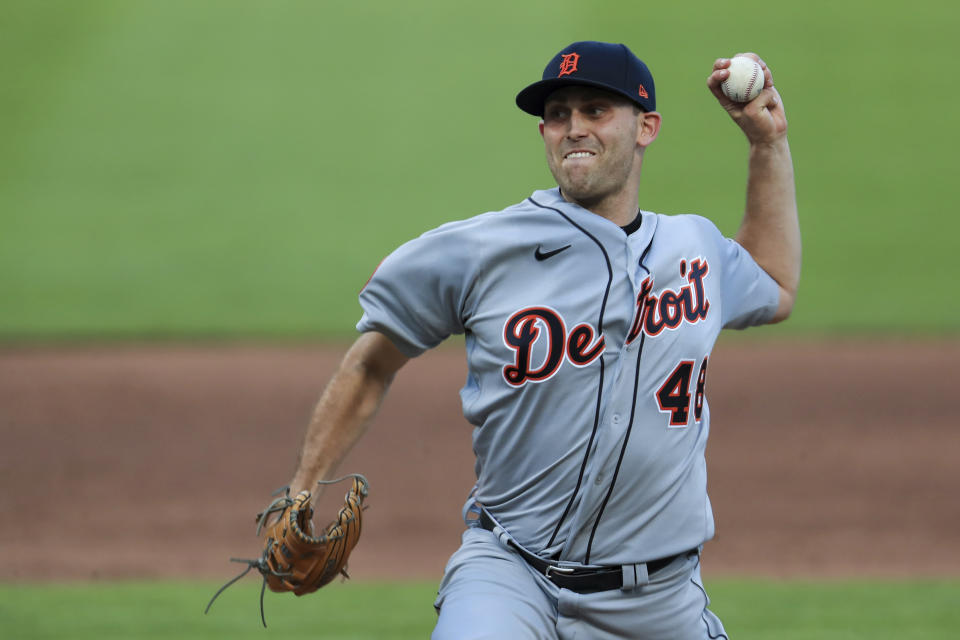 Detroit Tigers' Matthew Boyd (48) throws in the third inning of a baseball game against the Cincinnati Reds at Great American Ballpark in Cincinnati, Friday, July 24, 2020. (AP Photo/Aaron Doster)