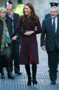<p>Kate took a solo trip to Newcastle in an aubergine coat (with a red Whistles dress underneath) complemented by her trusty Aquatalia boots. </p><p><i>[Photo: PA]</i></p>
